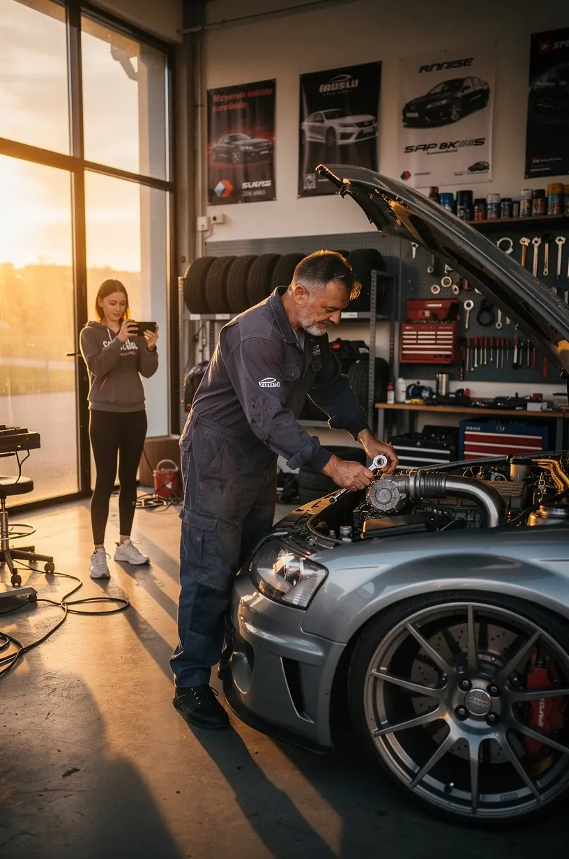 Exteriér auta s aerodynamickými doplnkami a personalizovaným lakom na zvýraznenie výkonu